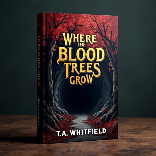 A dark, eerie forest takes center stage, featuring trees oozing with vivid blood-red sap from their bark. Golden, shimmering leaves glow faintly, contrasting against the shadowed forest floor covered in eucalyptus leaves. At the heart of the forest, a foreboding cave mouth looms, black and impenetrable, with faint skeletal remains scattered near the entrance. A subtle mist weaves through the trees, adding an air of mystery and suspense.