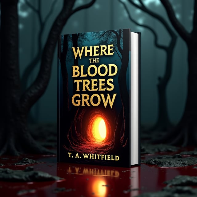 A dense, dark forest of towering eucalyptus trees bathed in an eerie, dim light. The trees are dripping vivid crimson blood, creating stark contrast with the muted forest tones. A shadowy cave is nestled in the background, its entrance glowing faintly with a golden hue, hinting at mystery inside. Twisted tree branches stretch across the upper edges of the composition, adding an oppressive, enclosed feel.