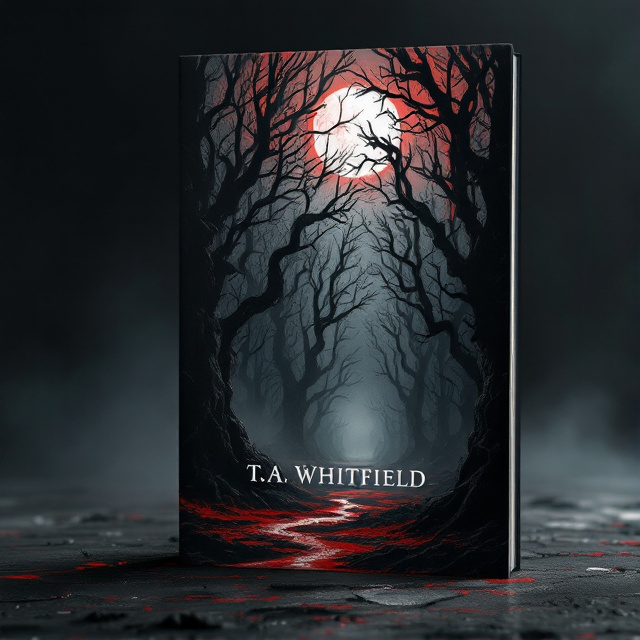 In the foreground, a dark, shadowy forest of twisted, gnarled trees with bark that seeps vivid red blood. The trees are jagged and tangled, creating an oppressive, haunting atmosphere. In the background, a dim, blood-red moon casts a faint glow over the scene, shrouding the forest in an eerie haze. Hints of fog and indistinct, ghostly silhouettes lurk between the trees, adding an unsettling, mysterious effect. The overall color palette includes deep crimson, black, and shades of gray.
