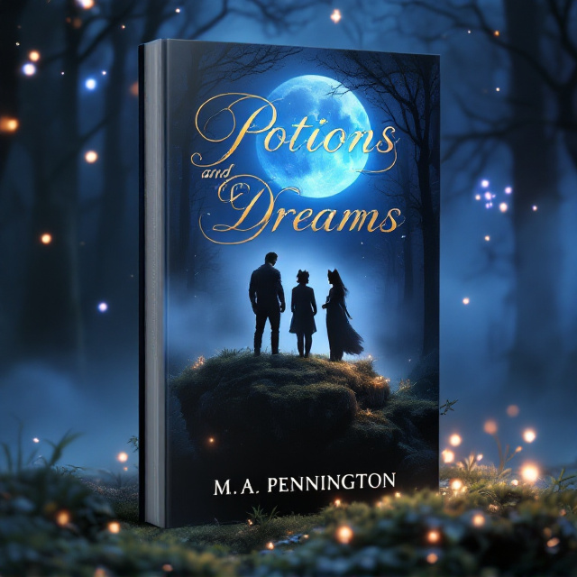 A mystical forest shrouded in silver mist dominates the background, lit by an ethereal blue moon hanging in a twilight sky. Three faint silhouettes—two male with muscular, rugged outlines, and one female with fox ears glowing faintly and a flowing fox tail—stand in the distance on a mossy cliff overlooking the vast, misty forest. A faint aura emanates from each of them, suggesting a magical connection. Scattered glowing particles, like dreamlike fireflies, float in the air to enhance the surreal and hopeful tone.