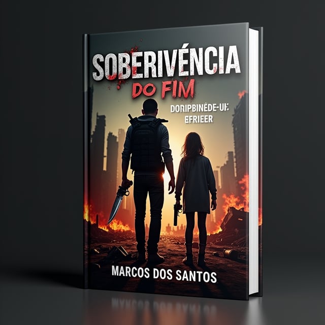 A dramatic, dark black-dominated background showcasing ruins of a desolate city scattered with wreckage and faded bloodstains. In the foreground, a man wearing a black tactical vest stands on the left-hand side of the cover, holding a sharp, blood-smeared knife in his right hand. To his right, slightly behind him, stands a 14-year-old girl holding a sleek 1911 pistol confidently. Both characters are illuminated by the distant fiery glow of explosions, emphasizing their determination amid chaos. Subtle silhouettes of zombies can be seen in the distant fog, adding tension without overly drawing attention.