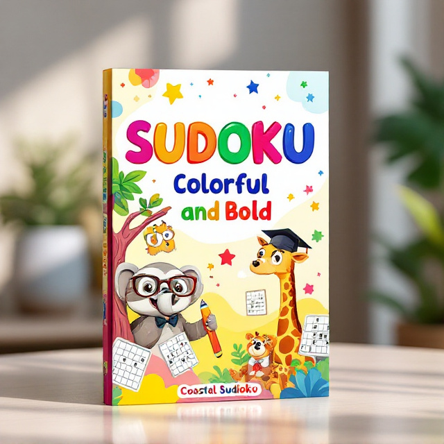 A cheerful, bright, and lively illustration occupies the entire front cover. The top half of the page consists of a vibrant title, surrounded by playful, colorful shapes like stars and swirls. Below the title, a scene unfolds with a smiling sloth wearing glasses hanging on a tree, a smart-looking elephant wearing a bowtie holding a pencil, and a giraffe with a graduation cap. The background is a gradient of soft pastel colors such as yellow, pink, and light blue, giving it a fun and inviting look. A few open sudoku puzzle grids float around the animals, subtly hinting at the content inside.