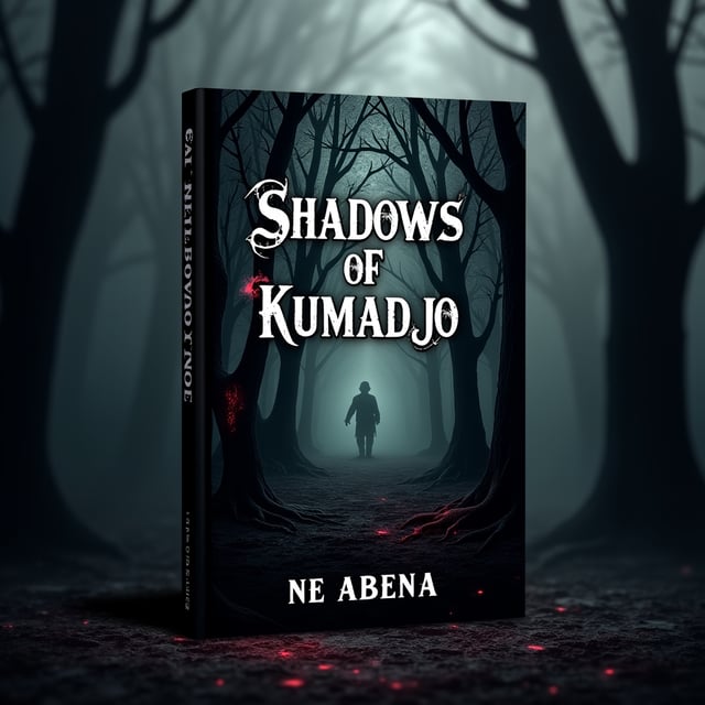 A dark, eerie forest filled with shadows dominates most of the cover. Twisted, skeletal tree branches intertwine, creating an ominous and suspenseful frame. In the background, a faint silhouette of a mysterious figure is barely visible, amplifying the sense of danger and intrigue. The forest floor fades into black, allowing the shadows to flow outward and bleed into the edges. A faint hint of mist creates an ethereal effect, and subtle blood-red accents are present along the tree roots and shadows to hint at danger.