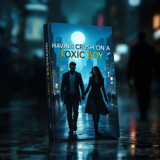 A dark, moody illustration of New York City at night, with the skyline faintly glowing under the moonlight and surrounded by swirling mist. In the foreground, a couple walks along a dimly lit street. The man has a slight smirk on his face, looking mysterious and confident. The woman walks beside him, looking conflicted—her gaze diverted, lips slightly pursed, and her free hand extended behind her where she holds a sleek handgun. The atmosphere is charged with tension, supported by subtle rain slicking the city streets, adding reflective gleam. Shadows linger throughout, emphasizing the feelings of romance and danger intertwined.