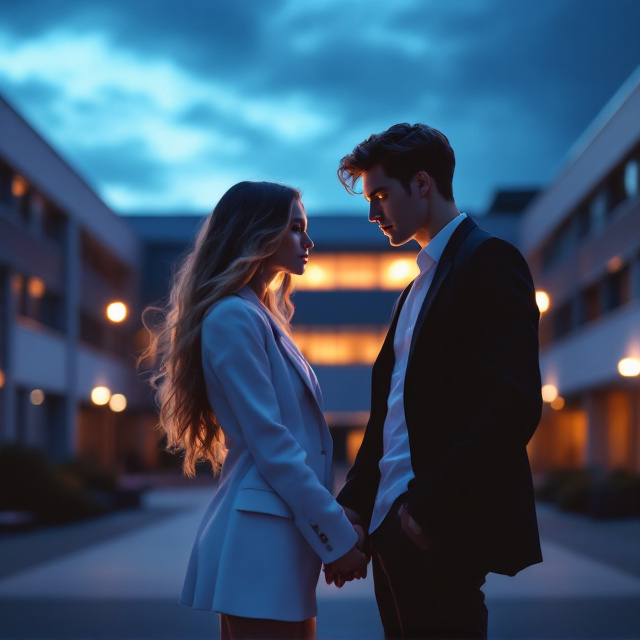 A dusk-lit high school courtyard with warm, soft blue sky tones in the background. In the foreground, two teenagers hold hands reluctantly, symbolizing both connection and tension. The female character has long, flowing wavy hair, standing in her school white uniform layered with a sleek black blazer. The male character leans slightly toward her, confident yet resolute, sporting a white dress shirt under a black blazer. Their faces are expressive, capturing stubbornness and jealousy, with larger modern high school architecture subtly visible in the distance. Subtle dark, romantic tones blend into the soft sky above.
