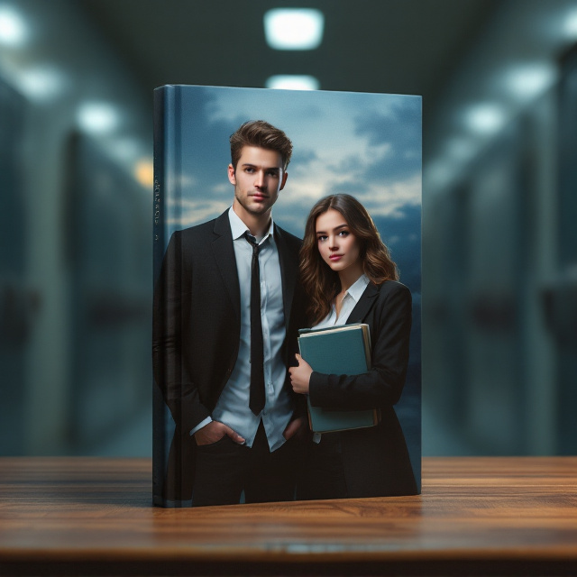The cover illustrates two high school students standing side by side, facing slightly away from the viewer in a dimly lit school hallway. The boy, tall, handsome, and athletic, leans slightly against the wall wearing a white shirt, black school blazer, and loosened tie, exuding a subtle rebellious charm. The girl, petite, beautiful, and alluring, clutches her books close to her chest, her soft wavy hair framing her face. She also wears a white shirt with a black blazer, giving her a mysterious and youthful elegance. The background fades into a soft gradient of muted blue sky tones mixed with darker shadows, symbolizing romantic tension and toxicity.