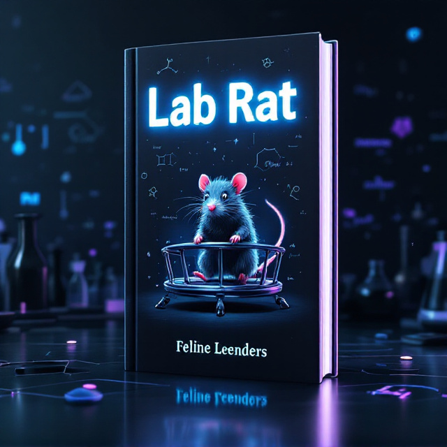 A dark, eerie background dominated by a science lab atmosphere with muted neon lighting. The center features a somber, anime-style rat—its fur scruffy and eyes glazed with sorrow—running tirelessly on a metallic hamster wheel. The wheel is slightly tilted, seemingly endless, and casts long shadows that create an illusion of a loop. Molecular symbols and faint scribbled equations hover faintly in the background to suggest scientific experimentation.
