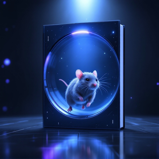 A melancholic scene in anime style featuring a gray furred rat with tired, droopy eyes, running in a vertical, metallic running wheel. The running wheel is suspended in a shadowy, infinite void with subtle streaks of blue and purple hues representing the emptiness of space and emotion. The rat's feet are blurred slightly to emphasize its motion and exhaustion, while faint glowing circuits are etched into the running wheel, giving it a futuristic, dystopian feel. A dim overhead light casts a spotlight on the rat, leaving much of the rest of the surroundings in shadow.