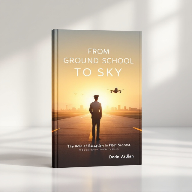 The cover features a silhouette of a pilot in uniform standing at the edge of a runway at sunrise. In the distance, a plane is taking off, leaving a faint trail in the soft golden sky. Behind the runway, subtle outlines of books and graphs blend seamlessly into the horizon, symbolizing learning and success. The color palette includes shades of blue, gold, and white, evoking a sense of curiosity and aspiration.