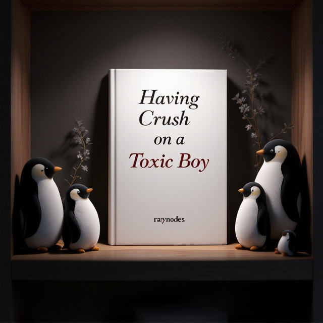 The cover features a stark white background, creating a clean and minimalist look. On a central wooden shelf, cute plush penguin dolls are neatly arranged in various sizes. The penguins are softly illuminated by dim, moody lighting with shadows cast along the edges of the shelf, adding a romantic yet slightly dark vibe. In the foreground, faint abstract smoke swirls in the lower portion, adding a mysterious feel.
