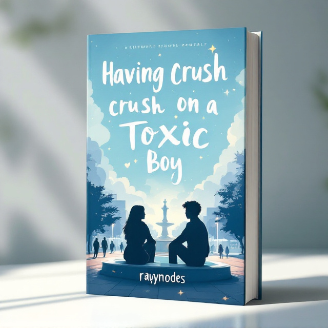 The cover showcases a soft blue sky as the background, blended subtly into a high school campus setting with students walking in the foreground. Silhouettes of a girl and a boy sitting opposite each other on the edge of a fountain are visible at the center. The boy has a mysterious, slightly rebellious expression, while the girl is depicted with a shy, dreamy look to represent the conflicting attraction. Light, dreamlike clouds surround the title, creating a harmonious and romantic ambiance.