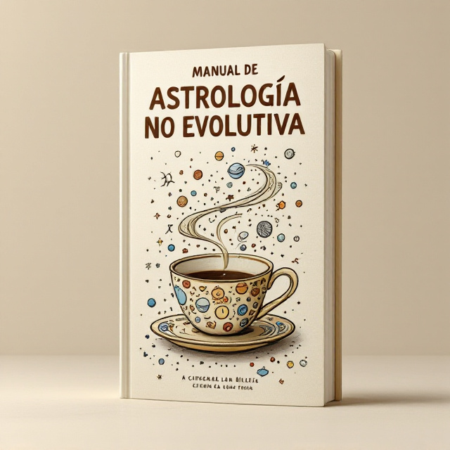 A creamy, textured background simulates vintage parchment. At the center, a quirky, oversized coffee cup features playful doodles of astrological signs, planets, and zany symbols encircling its rim, echoing the magical realism theme. Steam from the cup swirls upward morphing into whimsical, celestial constellations. Above, the title “MANUAL DE ASTROLOGÍA NO EVOLUTIVA” is artistically bold and large, paralleling the dreamy energy of the scene. Below, the subtitle is in a smaller and understated font, creating a humorous juxtaposition to the bold central image. On the cup’s band, the words "signos, ascendentes, compatibilidades… y otras" are neatly inscribed. The author’s name, Paula Lustemberg, is set cleanly at the bottom with ample spacing. A light shadow effect ties layers together.