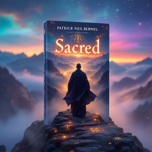A lone monk, dressed in flowing robes with intricate golden patterns, stands on the edge of a dramatic mountaintop under a vivid, ethereal horizon. The sky is painted in a gradient of deep blues, purples, and oranges, with faint celestial constellations glowing faintly. The monk’s silhouette faces outward, symbolizing mystery and contemplation. The mountain terrain is rugged with mystical, sparkling fog surrounding the base. Embellished glowing runes can be faintly seen carved into the stones leading up to the mountaintop.