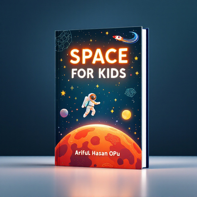 A whimsical design featuring an astronaut floating above a vividly illustrated Mars, surrounded by playful star patterns, a moon in the distance, and a colorful galactic maze subtly etched into the sky. The background is a gradient of deep midnight blue transitioning to a lighter sky blue, filled with glowing stars and fine constellations. A small rocket ship arcs across the top right, leaving a colorful trail.