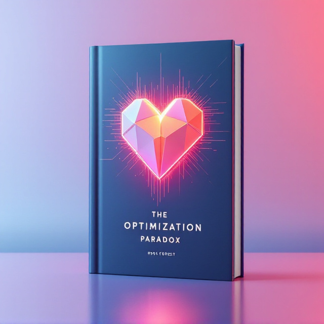 A sleek and minimalistic design featuring a folded origami heart with pixelated edges in the center, symbolizing both vulnerability and the intersection of human emotion with technology. The heart glows faintly with a soft, gradient light at the edges, set against a serene, yet sterile, gradient background of fading deep blue to soft silver. Subtle, fragmented, mirrored lines reminiscent of digital glitches spread outward from the heart, adding tension and dynamism to the cover.