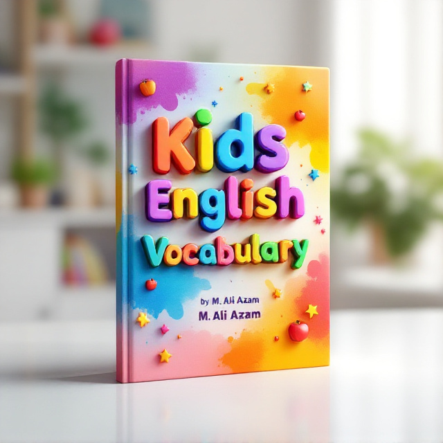The cover is vibrant with a background comprised of colorful splashes creating a playful rainbow-like gradient. Large, bold 3D multicolored letters arranged whimsically seem to pop out of the page, spelling out the title "Kids English Vocabulary." Surrounding these colorful letters are smaller playful graphics of objects like apples, books, and animals that symbolize words kids might learn. Stars and sparkles scatter across the background to give it a magical and engaging appeal. A soft gradient border frames the entire cover, drawing attention inward.