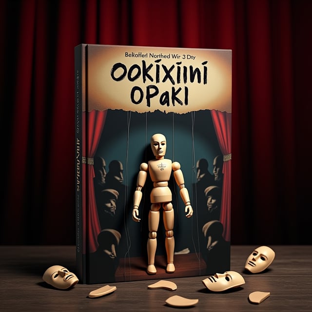 A darkened theater stage with wooden, marionette-style dolls as the main feature. One central doll, manipulated by visible strings, wears a cracked, emotionless mask. Surrounding it are shadowy figures in the audience—some real people, others monstrous silhouettes—smirking, whispering, or laughing maliciously. The stage curtains are torn and fraying, and a dim red spotlight shines unevenly on the scene, emphasizing the eerie atmosphere and the tension in the air. A few broken masks and scattered strings lie on the stage floor, symbolizing betrayal and manipulation.