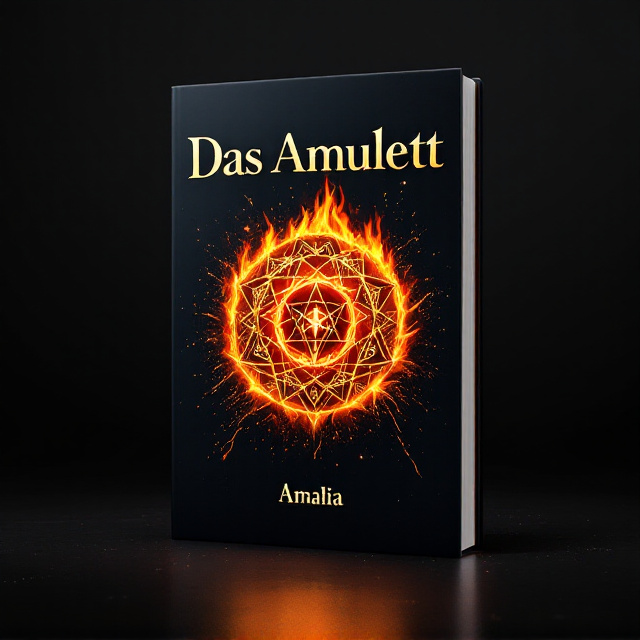 A glowing round amulet, shattered into two jagged pieces, is the central focus. Each piece of the amulet has intricate sigil engravings that glow faintly with arcane energy in gold and crimson hues. Flames rise dramatically around the amulet, creating a sense of intensity and mysticism. The background is a gradient of deep midnight blue fading into black, with faint starry sparkles adding an enchanted feel.