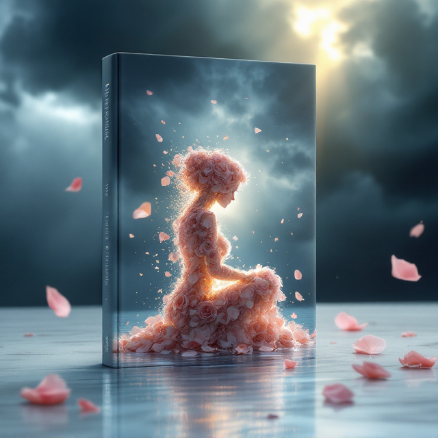 The cover features an ethereal silhouette of a kneeling woman composed entirely of rose petals. The semi-transparent silhouette is formed by a dynamic swirl of rose petals, with some petals flying away into the stormy background and others being pulled inward, suggesting both dissolution and reformation. She is kneeling in a reflective pool of tranquil, luminous silver-blue water. The water ripples gently, reflecting the swirling rose petal figure, with additional petals floating on its surface. In the upper background, dramatic storm clouds dominate, juxtaposed with a golden sunbeam breaking through. The light highlights the woman’s form and makes the petals glow, offering an aura of hope amid darkness.