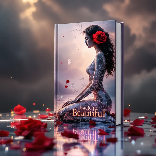 A dramatic, photorealistic profile silhouette of a kneeling woman is crafted from shattered mirror fragments, meticulously arranged with small gaps between pieces to emphasize her fragility and strength. The fragments reflect beams of light in varying angles. She kneels in a gently rippling silver-blue body of water with soft purple undertones. Crimson rose petals float sporadically around her, while a single vibrant red rose rests elegantly in her flowing hair. The sky above is dominated by brooding storm clouds, but a single shaft of golden sunlight streams through, illuminating her silhouette and reflecting on the water.