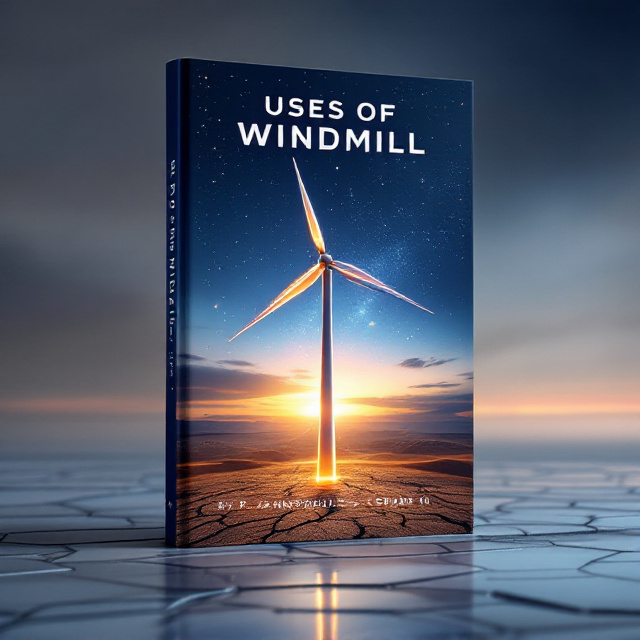 A futuristic windmill stands tall on a barren, cracked-earth terrain under a glowing twilight sky. The background shimmers with hues of soft blue and warm brown, symbolizing renewable energy battling against an apocalyptic setting. Whirling blades of the windmill gleam subtly, creating a sense of motion, and integrated circuit patterns are faintly embedded in the sky to reflect advanced technology. A subtle power surge effect radiates from the windmill into the horizon.
