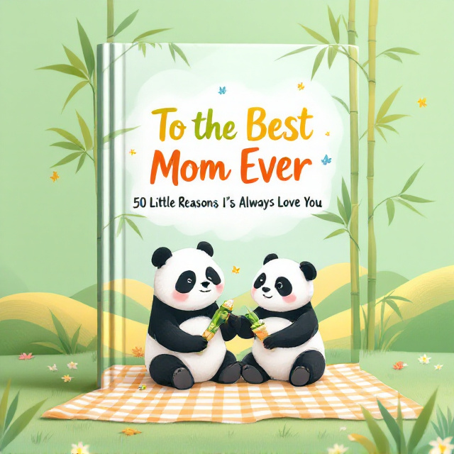 Two chubby pandas—mother and cub—are illustrated sitting on a soft gingham picnic blanket at the center-bottom of the cover. The mom panda is holding a bamboo shoot as if it’s an ice cream cone, while the cub reaches out with an adorable, playful expression. Surrounding them, bright mint-green dominates the background, softened by stylized rolling pastel yellow hills and towering oversized bamboo plants on either side, creating depth and framing the pandas. Above them, small butterflies flit, while scattered bamboo leaves lie playfully on the blanket. Both pandas’ rosy cheeks and slight “inked” outlines lend a charming, cartoon-like warmth.