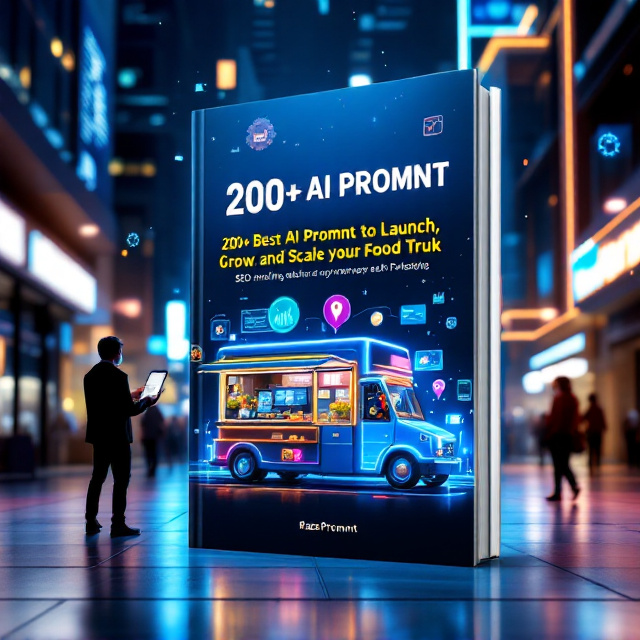 A futuristic food truck is placed in the center of a sleek modern city square, glowing with electric blue holograms of a digital menu. Augmented reality elements float above the scene, including colorful analytics charts, chatbot bubbles, a location pin, and food icons representing the seasons. Subtle SEO gear icons blend seamlessly into the urban cityscape background. A customer holds a smartphone with an ordering screen visible. The title "200+ Best AI Promnt to Launch, Grow, and Scale your Food Truk" is placed at the top in bold, futuristic font, radiating a soft neon glow. The author's name "RazePromnt" appears at the bottom in a smaller but sleek metallic font.
