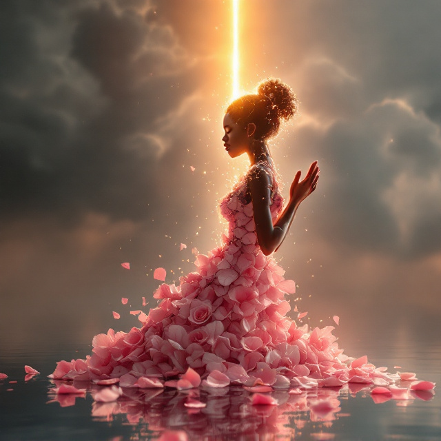 The cover features a photorealistic silhouette of a Black woman kneeling in prayer, her body crafted entirely from delicate powder pink rose petals. Her profile is elegant and regal. The cracks in her form, resembling shattered glass, have sunlight streaming through them, creating an ethereal golden glow that highlights the theme of healing and faith. The petals flow dynamically—some swirling away as if carried by a soft breeze, while others drift inward, completing her figure in a state of transformation. Below her, a reflective surface of rippling water mirrors her broken yet beautiful form. Floating petals gently scatter around on the water. Above, an ominous stormy sky of charcoal and slate gray dominates, with a single dramatic golden ray breaking through the clouds, pouring light from above directly onto the woman, symbolizing divine connection and hope.