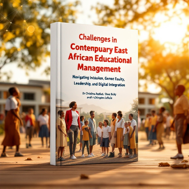 The cover features an East African schoolyard scene under a warm, golden afternoon light. Students are interacting joyfully, with a mix of girls and boys in uniforms that hint at their diverse cultural contexts. In the background, a modern yet simple school building, symbolizing growth through education, is surrounded by acacia trees. Above the school, a symbolic overlay of digital networks is subtly incorporated, representing digital integration and progress. In the foreground, a teacher stands with a group of students, exuding leadership, inclusiveness, and hope.