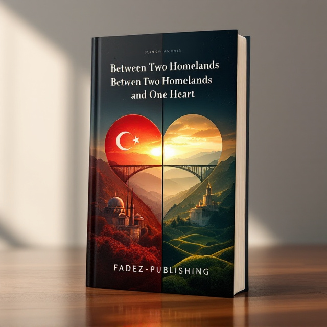 The cover features a split heart in the center, half adorned with the Turkish flag and the other half with the Georgian flag. A symbolic arching bridge stretches over mountainous landscapes—one side depicting Turkish architecture with warm red hues and the other showing the rolling green hills of Georgia bathed in golden sunlight. In the background, a faint silhouette of a mosque and a church enhances the religious undertone. The top half of the cover is darker to capture the struggles and inner conflict, gradually fading into a warm reddish-gold at the bottom to symbolize hope and love. Simple elegant design lines curve through the spine of the heart, giving a feeling of connection amidst conflict.