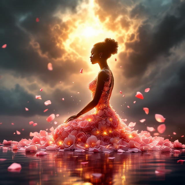 A breathtaking image dominates the cover, featuring the silhouette of an elegant Black woman kneeling in prayer. Her body is composed entirely of delicate powder pink rose petals, her profile graceful and regal. Cracks reminiscent of shattered glass run through her form, but they radiate streams of warm, golden sunlight from within, emphasizing healing and hope. Around her, rose petals float and swirl dynamically, some drifting away, while others return to her shape, symbolizing transformation. She kneels on a rippling reflective water surface that mirrors her fractured yet luminous figure, set against a stormy sky filled with swirling dark clouds. A bright shaft of golden light bursts through the clouds, connecting heaven to her illuminated cracks. Both foreground and background exude graceful movement and intensity.