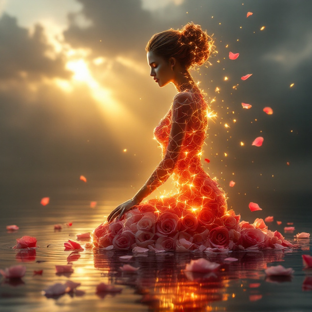 The cover features an enchanting silhouette of a kneeling, elegant woman composed entirely from swirling rose petals of varying shades, from deep crimson to pale pink. Her form is broken into sections, with luminous cracks resembling shattered glass, through which golden sunbeams glow dramatically. Some rose petals are depicted as floating away from her, while others appear to be drawn toward her body, caught in a magical transformation. She kneels gracefully on the reflective surface of water, creating soft ripples with floating petals surrounding her. The backdrop is a dramatic stormy sky with rolling charcoal-gray clouds. A celestial golden shaft of sunlight pierces through, casting a warm glow all over the scene and creating an ethereal, otherworldly mood.