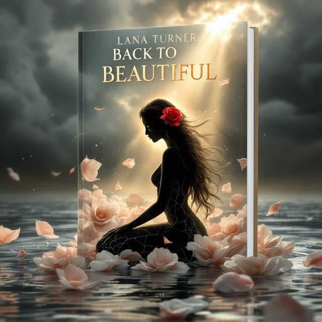 A silhouette of a beautiful woman with long, flowing hair kneeling in profile. Her silhouette features visible white/gold cracks, symbolizing brokenness and healing. She is semi-transparent, with swirling rose petals dynamically forming her figure. Some petals lift toward the sky as if carried by the wind, while others float on the rippled silvery-blue water at her feet. The setting is dramatic, with stormy grey clouds dominating the upper background. A striking beam of golden sunlight breaks through the storm, illuminating her form and the rose petals, creating an ethereal glow. A single red rose is delicately tucked into her silhouette's hair, adding softness and charm.