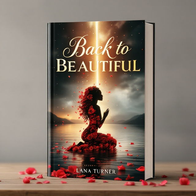 A silhouette of a beautiful black woman kneeling in prayer, her semi-transparent form created by swirling rose petals. The petals appear to simultaneously dissolve and reform her figure, glowing with translucent light as they interact with a golden sunbeam breaking through stormy greys of the sky. The water beneath her is calm and reflective, with scattered rose petals gently floating on the surface and creating rippling concentric circles. Dark storm clouds dominate the background, with the sunlight casting warmth on her figure and shimmering across the rippling water.