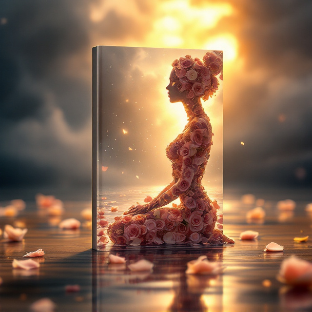 A kneeling female silhouette in profile view, composed entirely of cascading and floating rose petals, placed centrally on the cover. Her translucent form dissolves into the reflective water beneath, with scattered petals floating near her knees, creating soft ripples. The figure glows with warm golden light from a dramatic burst of sunlight breaking through storm clouds in the background. The stormy sky encompasses deep gray and purple hues, gradually softening near the light source, providing an emotional visual contrast. The water's mirror-like surface reflects the rose-petal figure faintly, with silvery blues and soft purples blending seamlessly, while the edges of the cover fade into shadow to maintain focus on the central elements.