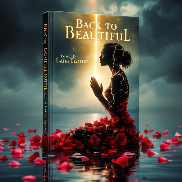 A kneeling black silhouette of a woman fractured by glowing golden cracks runs vertically down the cover, her torso and face centered while her hands are gently clasped in a prayer gesture. Red and pink rose petals swirl vividly from her form, creating a flowing, ethereal dress that fades softly around the edges. The silhouette is positioned against a reflective surface of silvery-blue water, rippling faintly with scattered petals. Above, storm clouds dominate the background, pierced by a shaft of golden light that cascades onto the woman, emphasizing the glowing fractures and swirling petals.