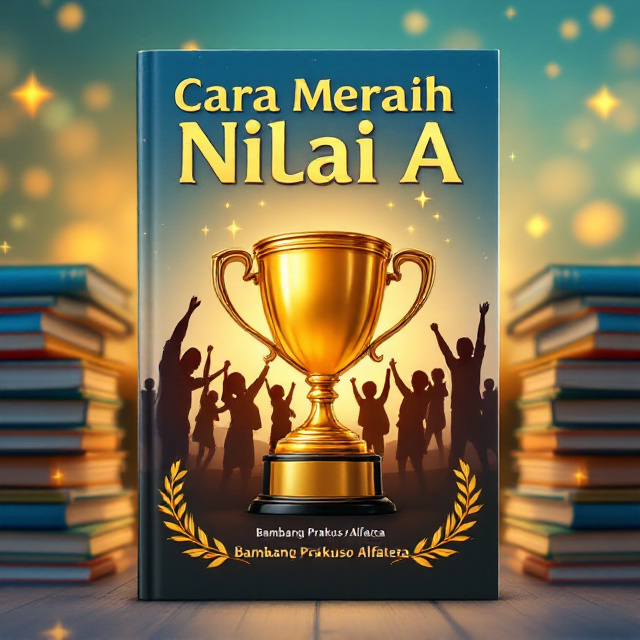 A golden trophy prominently placed in the center, surrounded by stacks of books on both sides. In the background, silhouettes of students in elementary, middle, and high school uniforms are shown triumphantly raising their hands with smiling faces. The backdrop is set to a gradient of sky blue transitioning into a soft golden glow. Faint glowing stars sparkle across the design, emphasizing success and achievement. Beneath the trophy, ribbons and laurel leaves subtly frame the title to evoke a sense of victory.