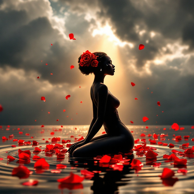 A silhouette of a black woman kneels gracefully in profile, face and body fractured with jagged cracks, symbolizing brokenness. The cracks appear like shattered glass but glow faintly as though healing light emanates within her. A crimson rose is delicately tucked into her hair, its petals radiant as if kissed by sunlight. Surrounding her, countless rose petals swirl and dance dynamically, some floating away into stormy skies and others drawn toward her figure. She kneels in serene, reflective water, where soft ripples form concentric circles extending outward. Floating rose petals follow the ripples, amplifying the image of inward and outward change. Above her, dramatic storm clouds loom dark gray, striking in its contrast to a golden shaft of sunlight breaking through, spotlighting her and her swirling petals. The light adds warm, hopeful tones to the scene.