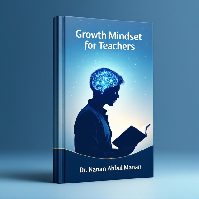 A silhouette of a teacher with an open book in hand forms the foundation of the design. Inside the silhouette's head, an abstract, glowing brain with neuron-like patterns symbolizes intelligence and growth. The backdrop is a gradient of calming blue transitioning to white, evoking a sense of inspiration and clarity. Gentle swirls and light sparkles are scattered around the teacher to portray motion, growth, and positive energy.