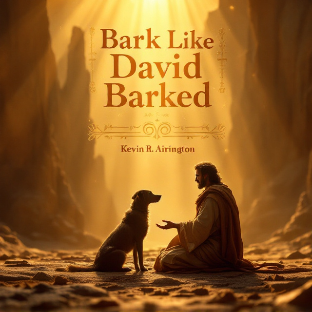 A majestic biblical-era landscape background with warm golden sunlight streaming down. In the foreground, a faithful, calm-looking dog sitting attentively beside a silhouetted figure representing a person from the Bible (with a subtle, ancient robe outline). The Bible figure’s hand is outstretched, resembling a gesture of obedience-training. Around them are faint but subtle overlays of Hebrew characters and ancient scroll patterns blending softly into the image to evoke spirituality. The title arches across the upper middle part of the cover, while the author's name is positioned centrally at the bottom.