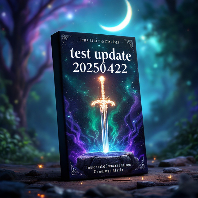 A glowing medieval sword embedded in a rock amidst a mystical forest. The background features a swirling galaxy and a faint glimmering crescent moon, casting an ethereal light over the scene. The color palette includes deep purples, emerald greens, and shimmering silvers to evoke a fantastical mood.