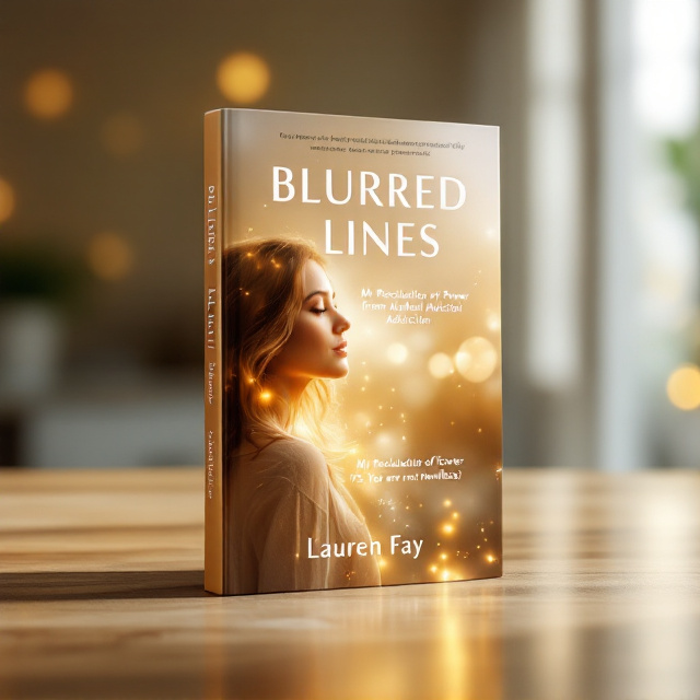 A golden, ethereal background with soft gradients and glowing light effects gives the cover a radiant, uplifting feel. On the left side, a striking photograph of Lauren Fay is featured, with a whimsical golden glow outlining her figure, symbolizing empowerment and transformation. The title "BLURRED LINES" is positioned at the top in a bold and slightly blurry font, anchoring the viewer's gaze. Beneath the title, the subtitle flows gracefully in smaller, clean typography, and "Lauren Fay" is delicately positioned at the bottom right in an elegant serif font. The right side of the cover features clean white space, creating contrast and balance, drawing the reader into the focal elements.