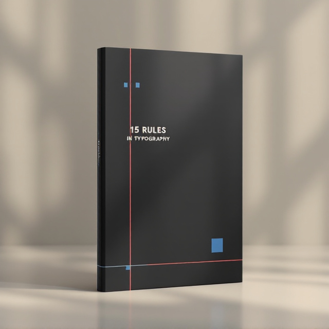 A minimalistic black background with asymmetrical elements a bold vertical red line on the left side, a thin cream-colored grid running subtly in the background, and small blue rectangles strategically placed for balance. The title, "15 RULES IN TYPOGRAPHY," is vertically aligned near the red line, perfectly following Swiss design principles.