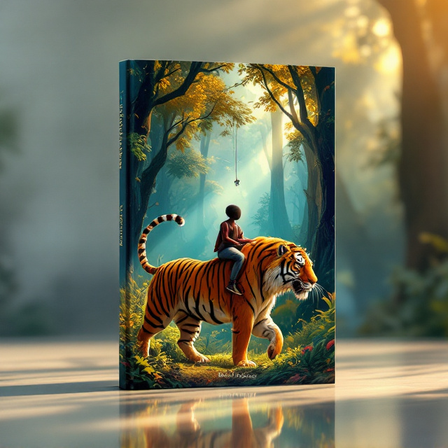 Anansi, depicted as a small yet charismatic spider, is seated on the tiger's powerful back with a confident pose, almost like a storyteller. The tiger is mid-stride, muscles visible as it moves elegantly through a lush, enchanted forest. The forest is vibrant, with tall trees arching overhead, their leaves casting streaks of golden sunlight on the duo. Bright, magical elements like glowing fireflies and floating, tiny orbs of light dot the scene, enhancing the fantastical vibe. The background fades into a hazy, mystical blur of greens and purples.