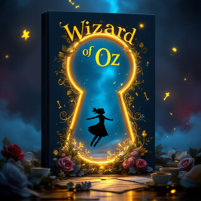 A dreamy scene featuring a silhouette of a girl mid-fall surrounded by floating teacups, keys, and pages, all gently glowing with an ethereal golden hue. The background is a rich, deep midnight blue gradient, transitioning into smoky purples and silver mists around the edges. The silhouette is enclosed within a golden keyhole shape that stands out against the mysterious, twilight-toned backdrop. Surrounding the keyhole, intricate vines and roses subtly intertwine, hiding miniature Wonderland-inspired icons like a small white rabbit, a pocket watch, and a “Drink Me” bottle. The entire design creates a sense of both whimsy and enchanting mystery.