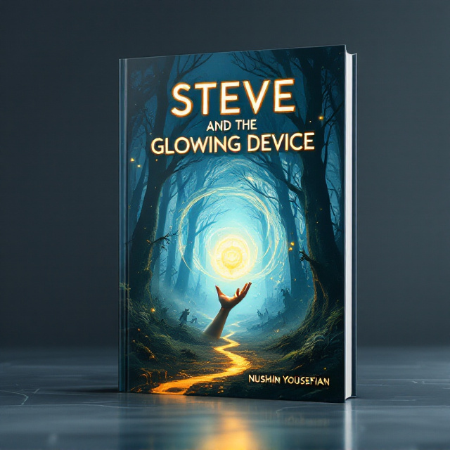 The cover features a glowing, futuristic device held aloft by an inquisitive hand, surrounded by a swirling magical vortex of light and shadow. The background depicts a mysterious forest with fantastical creatures and tall, mysterious trees encased in a misty, otherworldly glow. A faint glowing path leads the viewer's eye into the depth of the forest, symbolizing adventure. The glowing device at the center radiates golden light, creating a striking contrast against the deep blues and greens of the background.