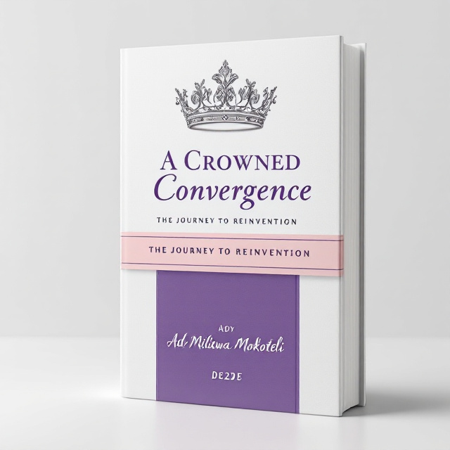 A silver crown, intricately detailed, centered at the top of the cover on a clean white background. Beneath the crown, the title "A Crowned Convergence The Journey to Reinvention" is written in bold, elegant purple letters. A soft pink ribbon runs horizontally under the title, adding a gentle flow and warmth. At the bottom of the cover, "Adv Miliswa Mokoteli" is featured on a deep purple rectangular background, with a small, elegant font displaying the decade in white just below the author's name.