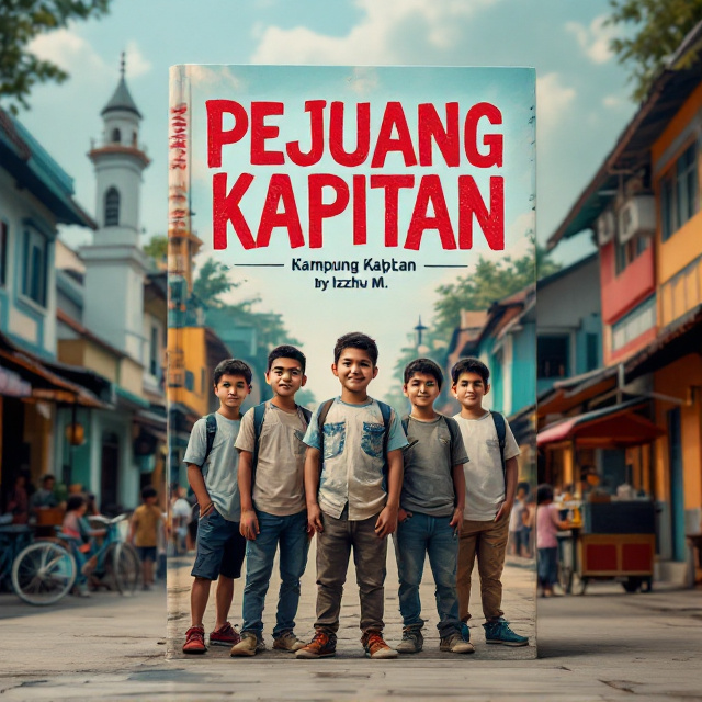 A vibrant Kampung Kapitan street scene featuring five boys of different ethnic backgrounds standing united at the center of the cover. Behind them, colorful and culturally diverse architecture defines the Kampung Kapitan, with subtle depictions of a mosque on the left, a church on the right, and a Hindu temple in the backdrop. The narrow street and bustling energy of local shops are vibrantly illustrated, with rustic houses lining the horizon in dense rows. Details such as children playing, a local food cart, and bicycles scattered on the street bring life to the setting.