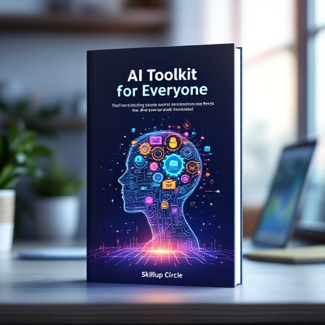 A digital toolbox rests at the center of the cover with glowing, multicolored icons like lightbulbs, coding symbols, and gears bursting out from it, symbolizing innovation and creativity. Surrounding the toolbox is a glowing human silhouette, filled with subtle circuit patterns and gears morphing into vibrant symbols such as a brain, laptop, and data charts, radiating from the top and sides. The background transitions from a gradient deep navy (#0A4065) at the top to a lighter, optimistic hue near the bottom. A friendly and clean workspace, with a desk and laptop situated in the lower third, completes the scene.