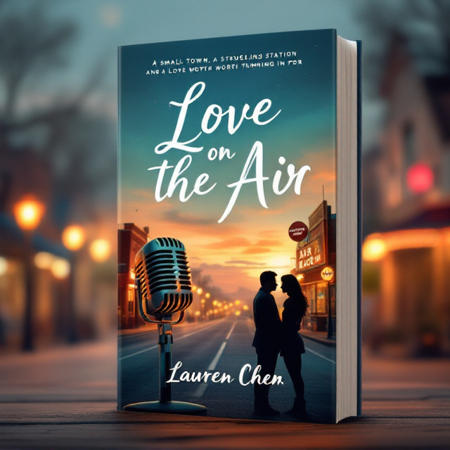 The background features a softly blurred Main Street of Atrium at dusk, showcasing warm streetlights, the glowing KATR 1340 AM sign glowing warmly, and the subtle outlines of a cozy small-town diner. Peach and soft blue tones dominate the sky, blending into the warm atmosphere. A stylized vintage radio microphone on a stand sits prominently in the bottom-left corner. To the right of the midground, a silhouetted couple stands facing each other near the KATR radio sign, with a faintly faded football silhouette in the far background, keeping subtle sporting themes alive.